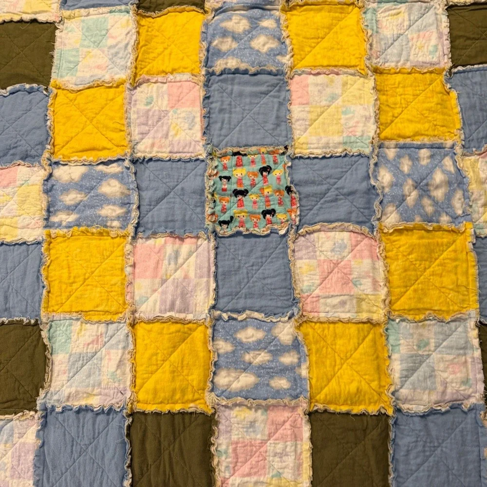Handmade Patchwork Rag Quilt Blanket Nursery Toddler Blue Yellow Olive 53